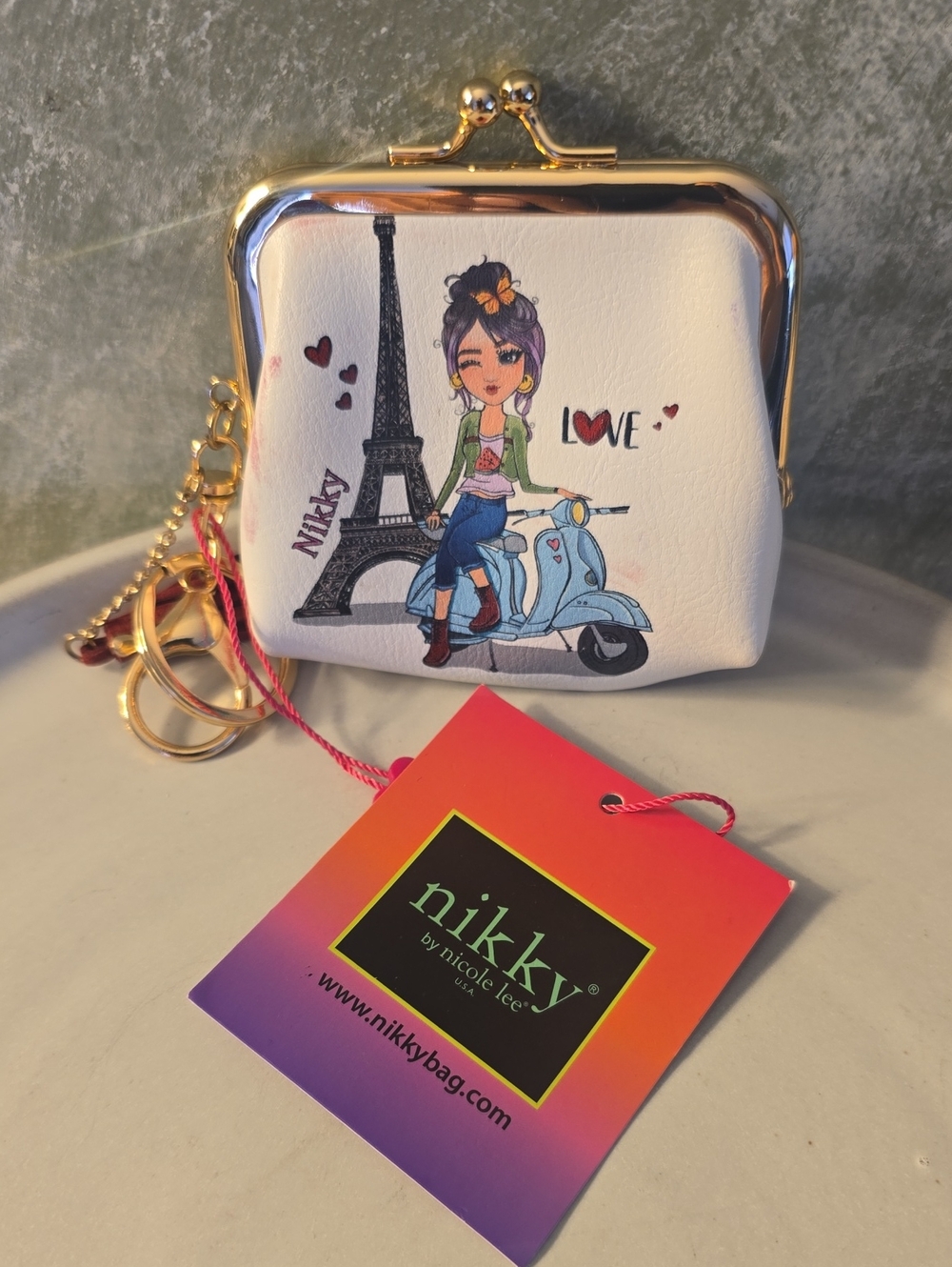 Nicole Lee Nikky Paris Print Coin Purse with Key Ring Minor Flaw See Last Pic